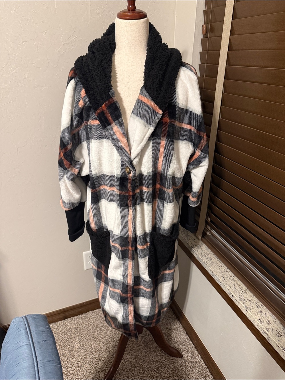 Plaid Hooded Cozy Long Jacket - Black, Gray & Cream